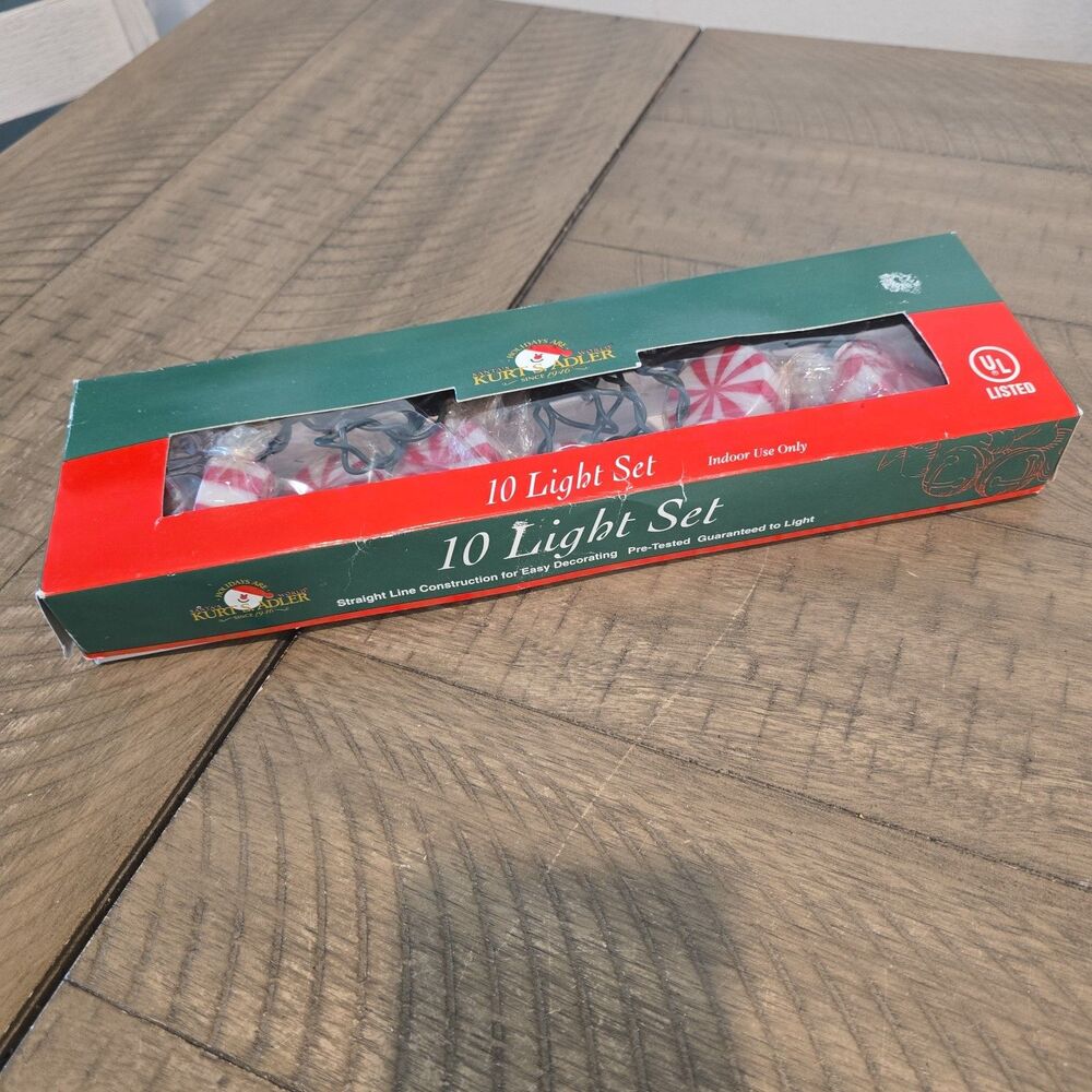 NIB KURT S ADLER 10 LIGHT RED PEPPERMINT CANDY INDOOR OUTDOOR STRING LIGHTS
